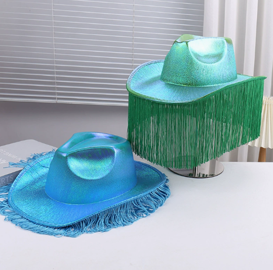 Western Fantasy Tassel Colorful Cowboy Hat Halloween Carnival Party Hat Pink Pearl Hat EVA Laser Hat