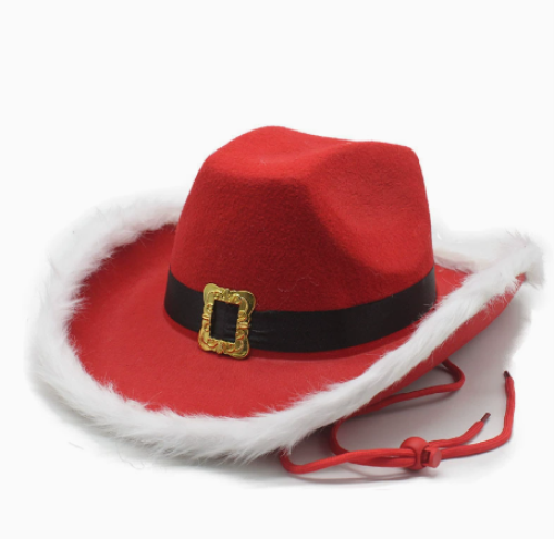 Customized Christmas Feather Red Black Belt Cowboy Hat White Haired Edge Western Cowboy Hat Santa Claus Cowboy Hat