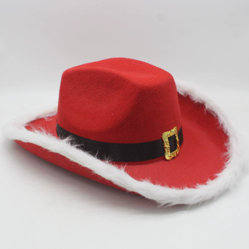 Customized Christmas Feather Red Black Belt Cowboy Hat White Haired Edge Western Cowboy Hat Santa Claus Cowboy Hat